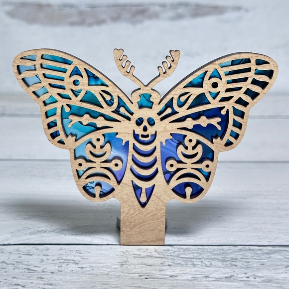 Handmade Death Moth Night Light Wooden Laser Cut Blue Purple Teal Illuminated - Picture 2 of 5